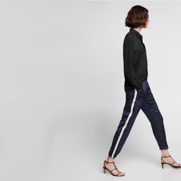 EUC Zara navy blue satin-like jogger trackpants with racer stripes, S - Picture 2 of 10